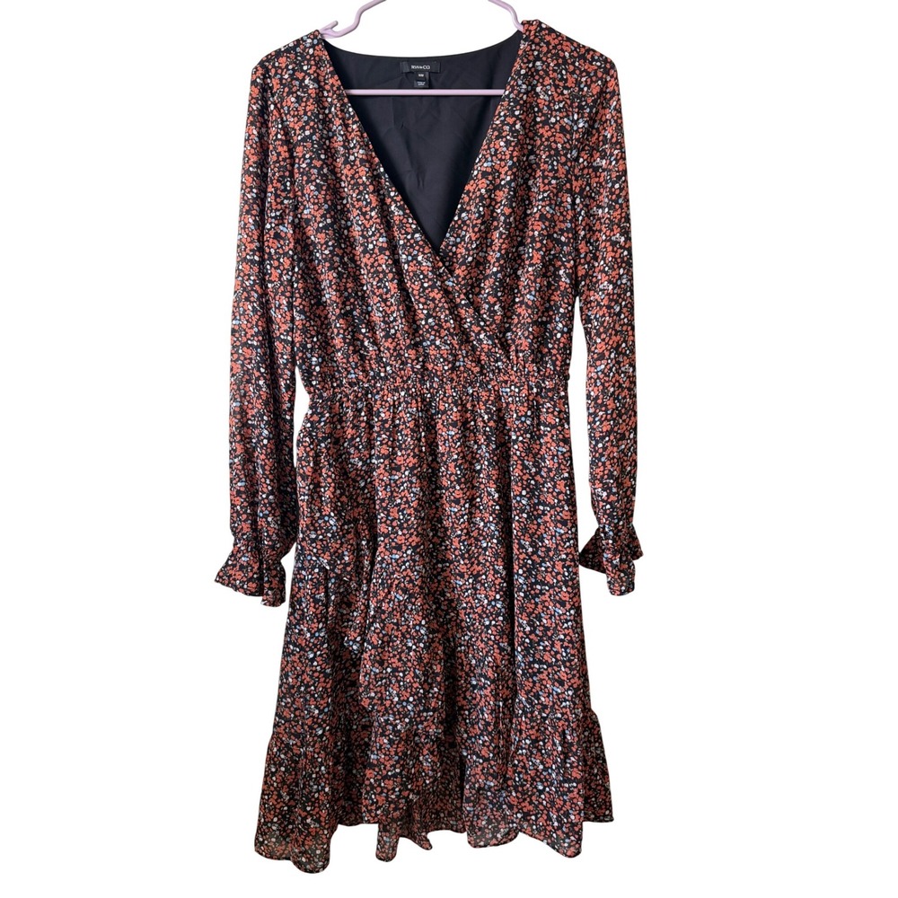 RW&CO Floral Print Long‎ Sleeve V Neck Midi Wrap Dress Women's Size M